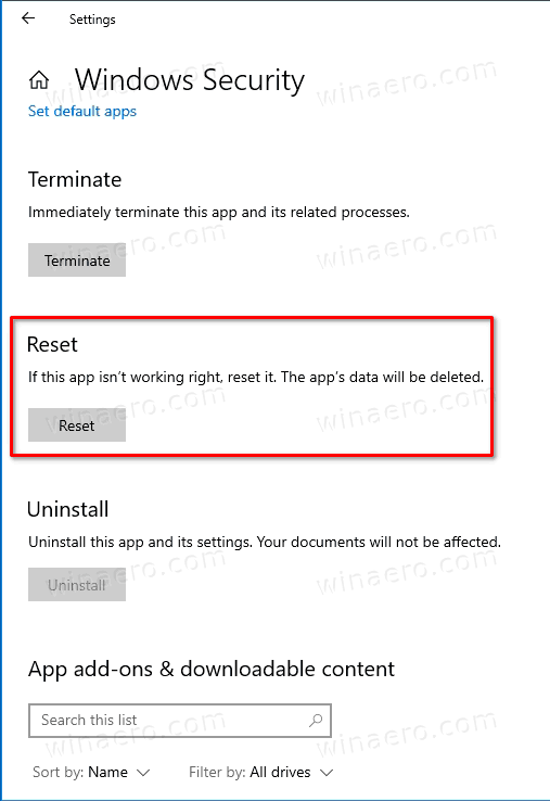 Windows Security Reset App Section
