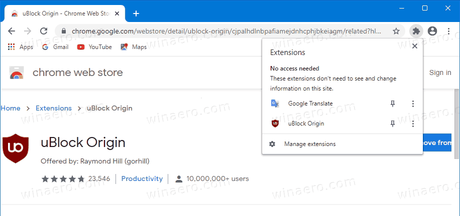 Настройки кнопок меню панели инструментов расширений Chrome по умолчанию