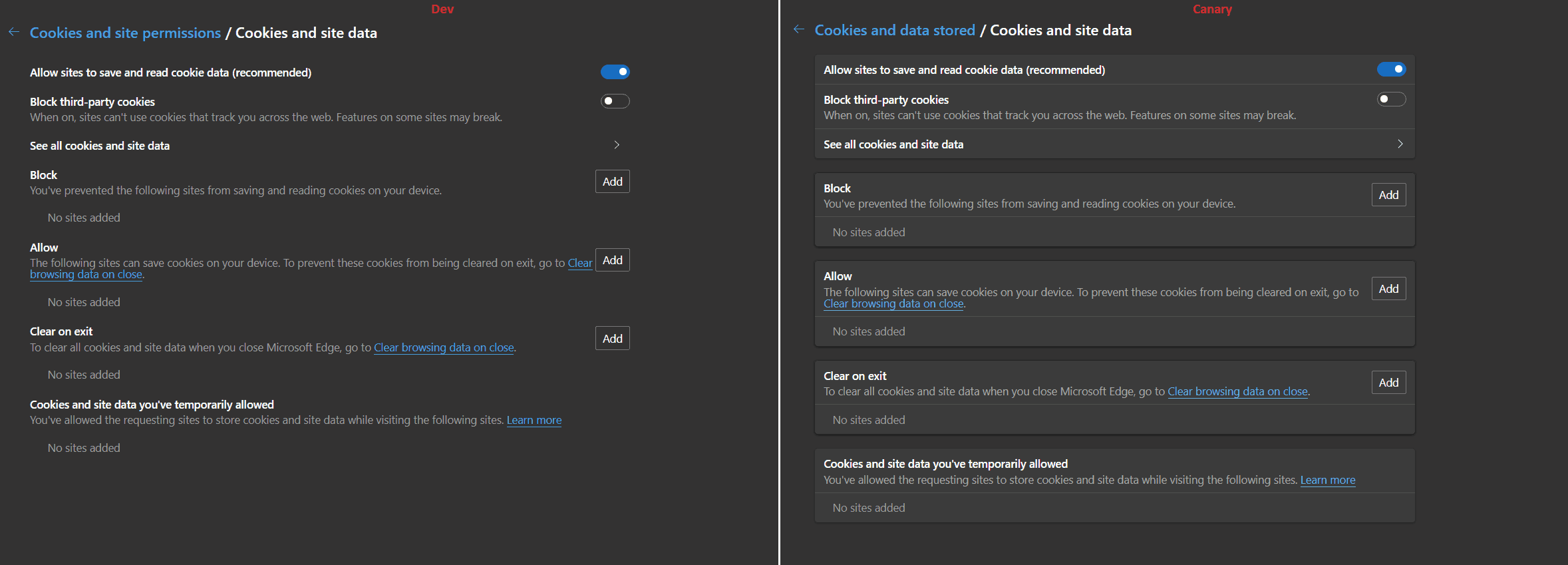 Cookies And Site Permissions Dev Vs Canary 2