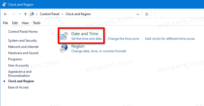 Date And Time Icon In COntrol Panel
