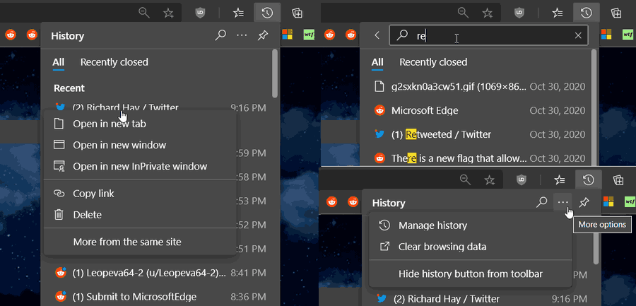 History Button Menus In Microsoft Edge