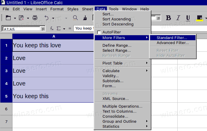 LibreOffice Calc Data More Filters Standard Filter