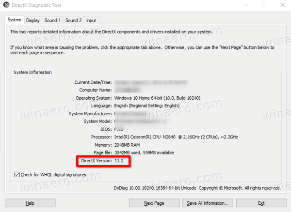 Windows 10 DxDiag DirectX Diagnostic Tool