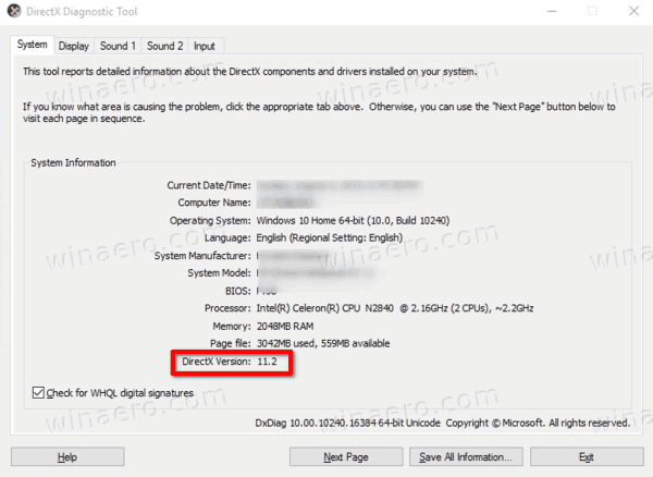 dxdiag update windows 10