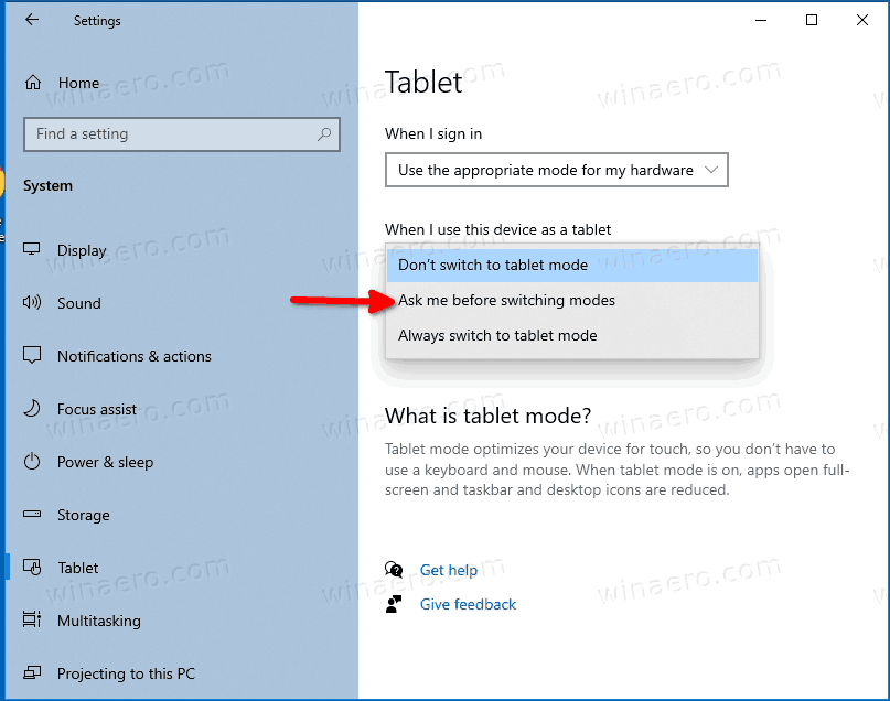 Disable Automatically Switching To Tablet Mode In Windows 10