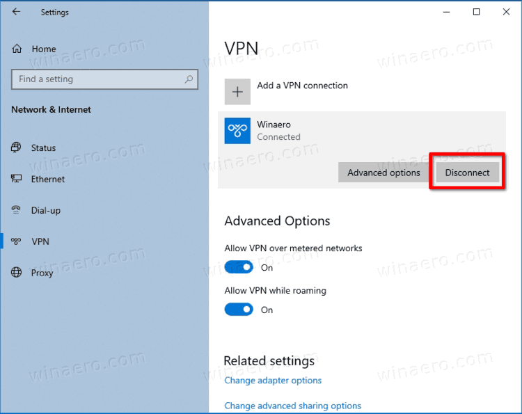 Отключить VPN в Windows 10