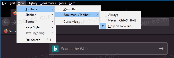 Firefox Show Bookmarks Only On New Tab Page In Menu