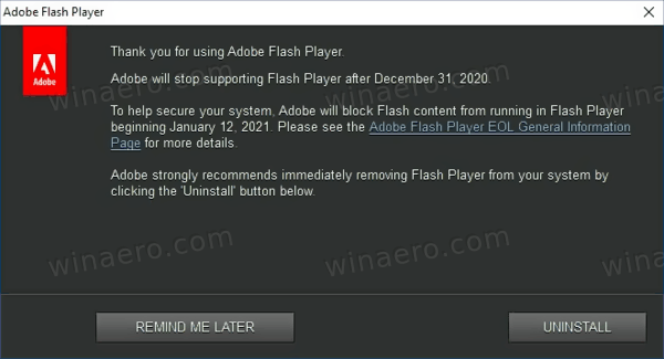 Flash Player Uninstall Notification