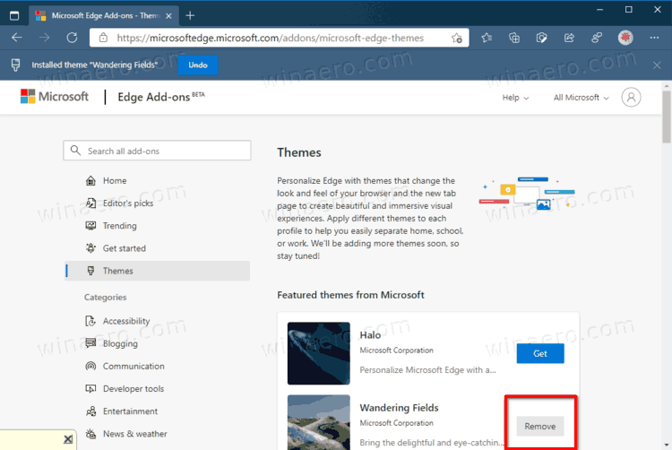 Удалить установленную тему на Microsoft Edge Добавить на веб-сайт