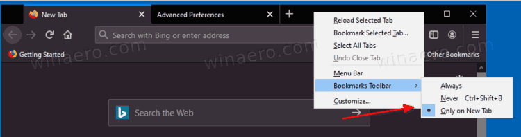 How to show Firefox bookmarks toolbar only on new tab