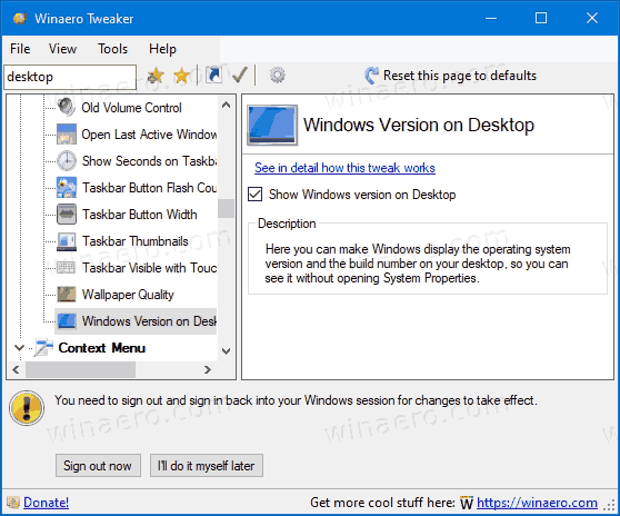 Show Windows 10 Version On Desktop With Winaero Tweaker