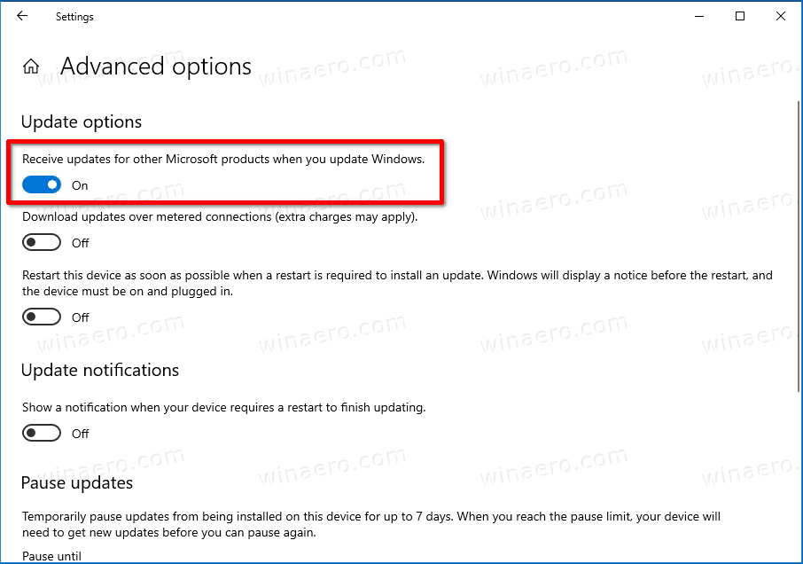 Updates For Other Microsoft Products Option