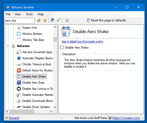 Winaero Tweaker Disable Aero Shake