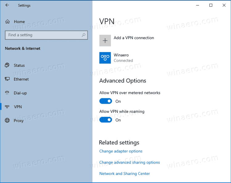 Страница настроек Windows 10 VPN