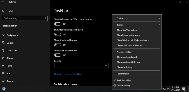 Кнопки панели задач Windows 10 в сборке настроек 21277