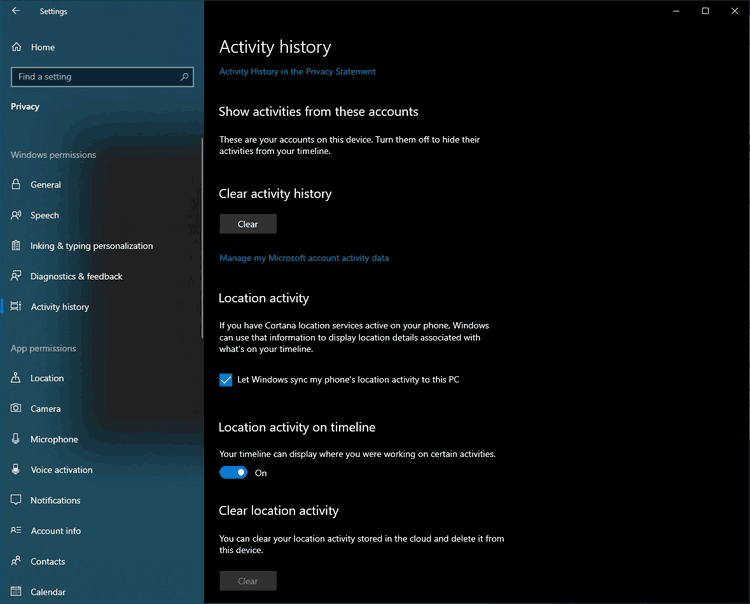 Windows 10 Bind Location Timeline