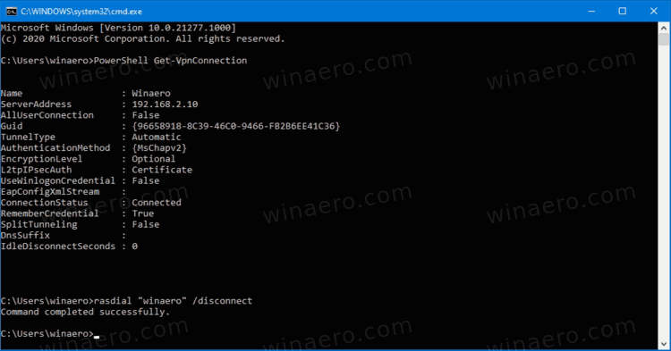 Windows 10 Disconnet VPN с Rasdial