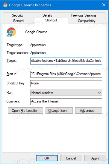 Add Mutiple Disable-Features To Chrome Shortcut