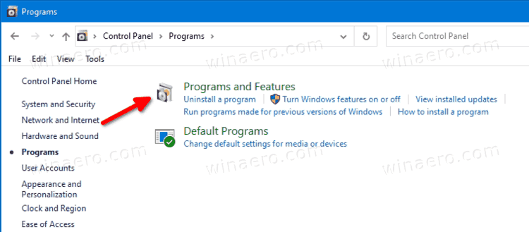 Programs And Features Icon In The Control Panel