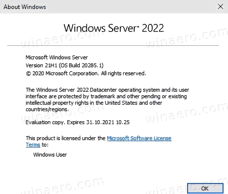 Server 2022 Build 20285 Winver