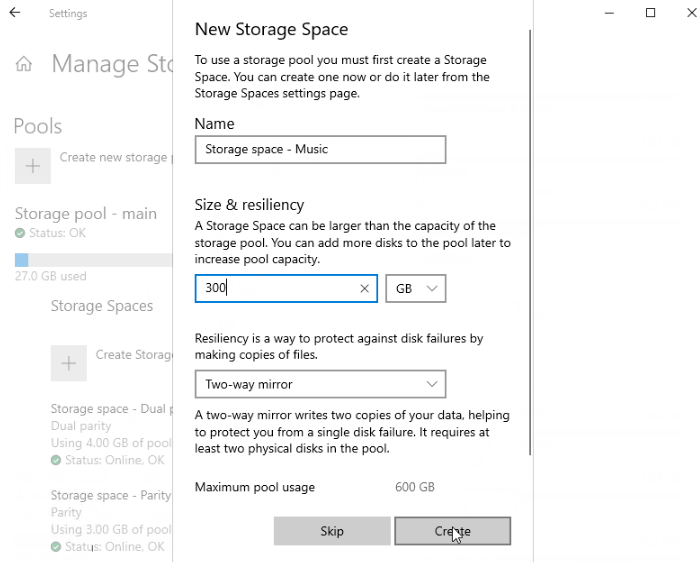 Storage Spaces In Settings