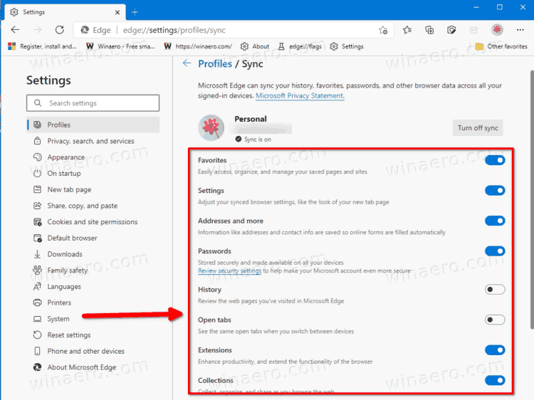 Disable Individual Sync Options For Edge Profile