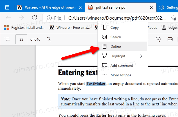 Edge PDF Mini Menu Define