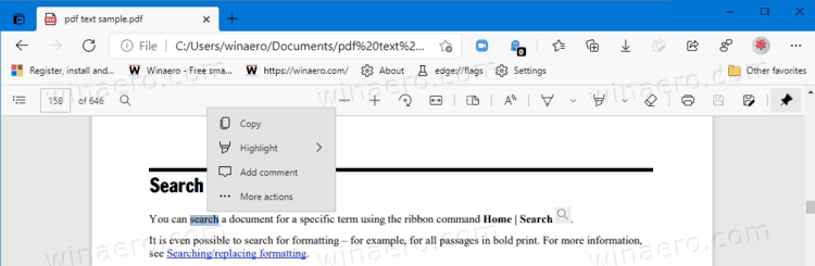 Microsoft Edge PDF Mini Menu