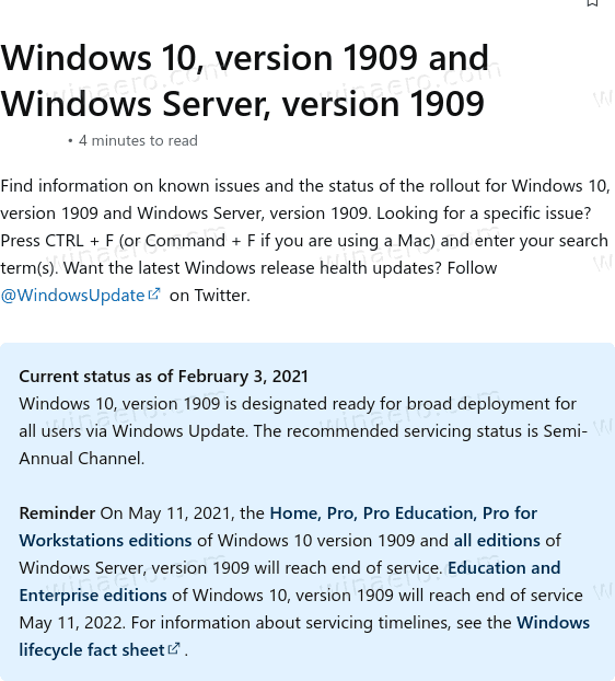 Windows 10 Version 1909 Eol