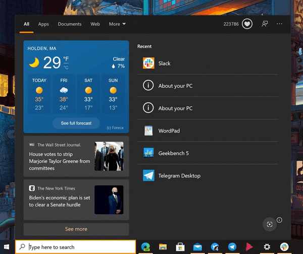 Windows Search Weather Tile