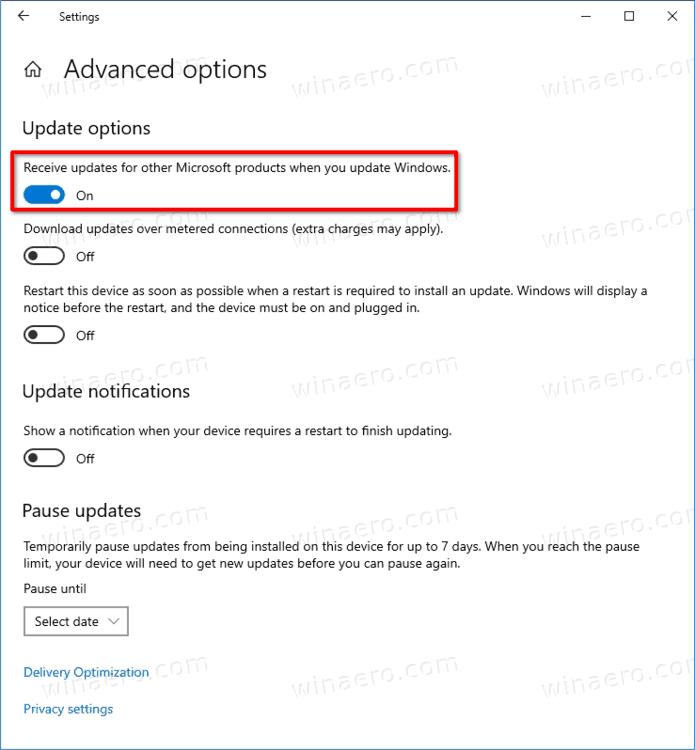 Windows Update Advanced Options Receive Updates For Other Microsoft Products