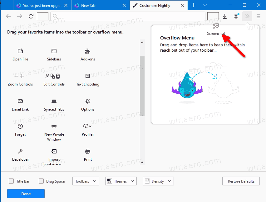 Добавить кнопку снимка экрана на панель инструментов Firefox