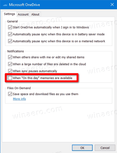 Отключить уведомления OneDrive в этот день в Windows 10