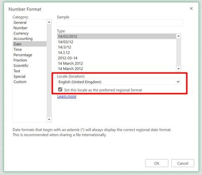 Excel Online Regional Options