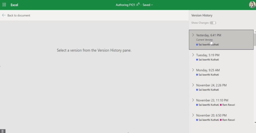 Excel Online Version History 2