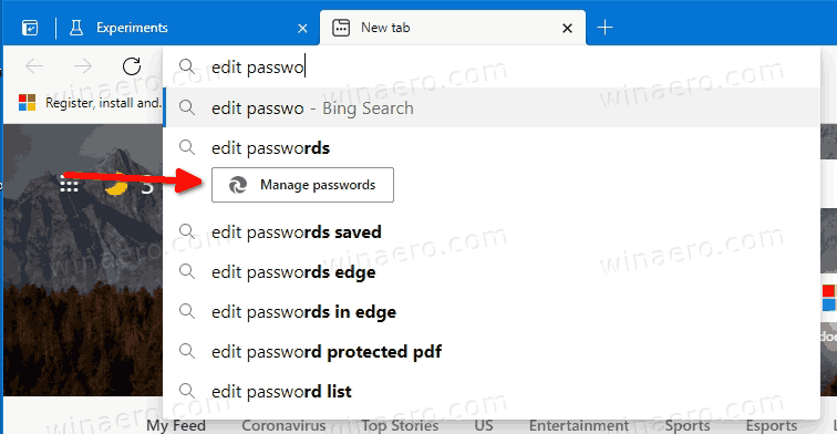 Microsoft Edge Edit Password Quick Action