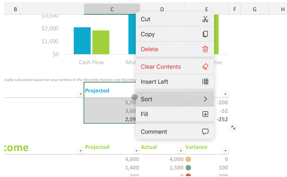 New Context Menu Excel Ipad