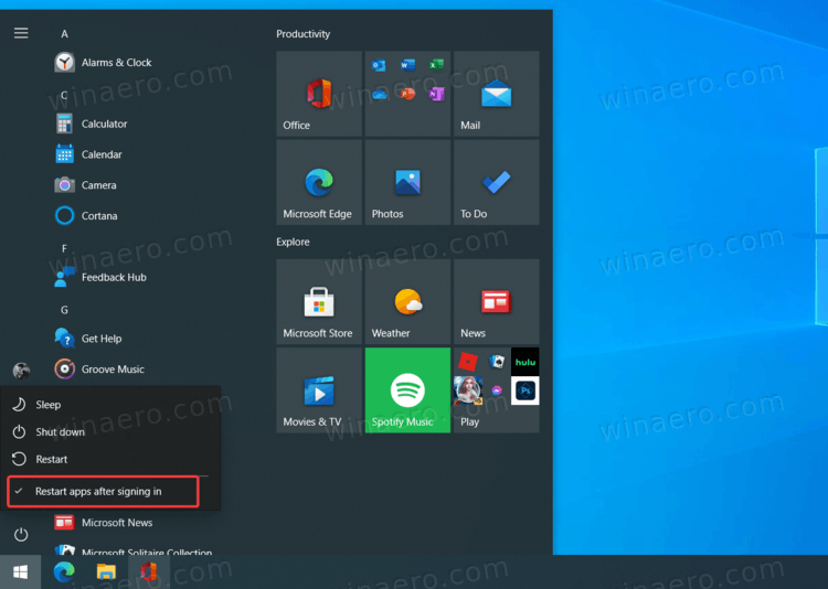 Windows 10 Restart Apps In The Power Menu