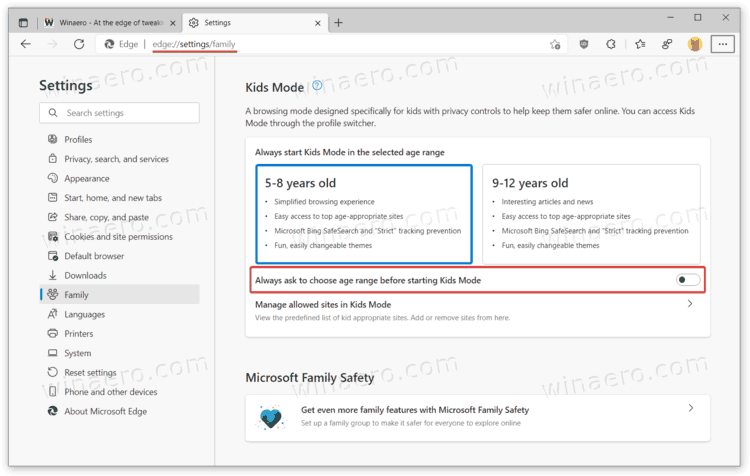 Enable or Disable Ask Age Range for Kids Mode in Microsoft Edge