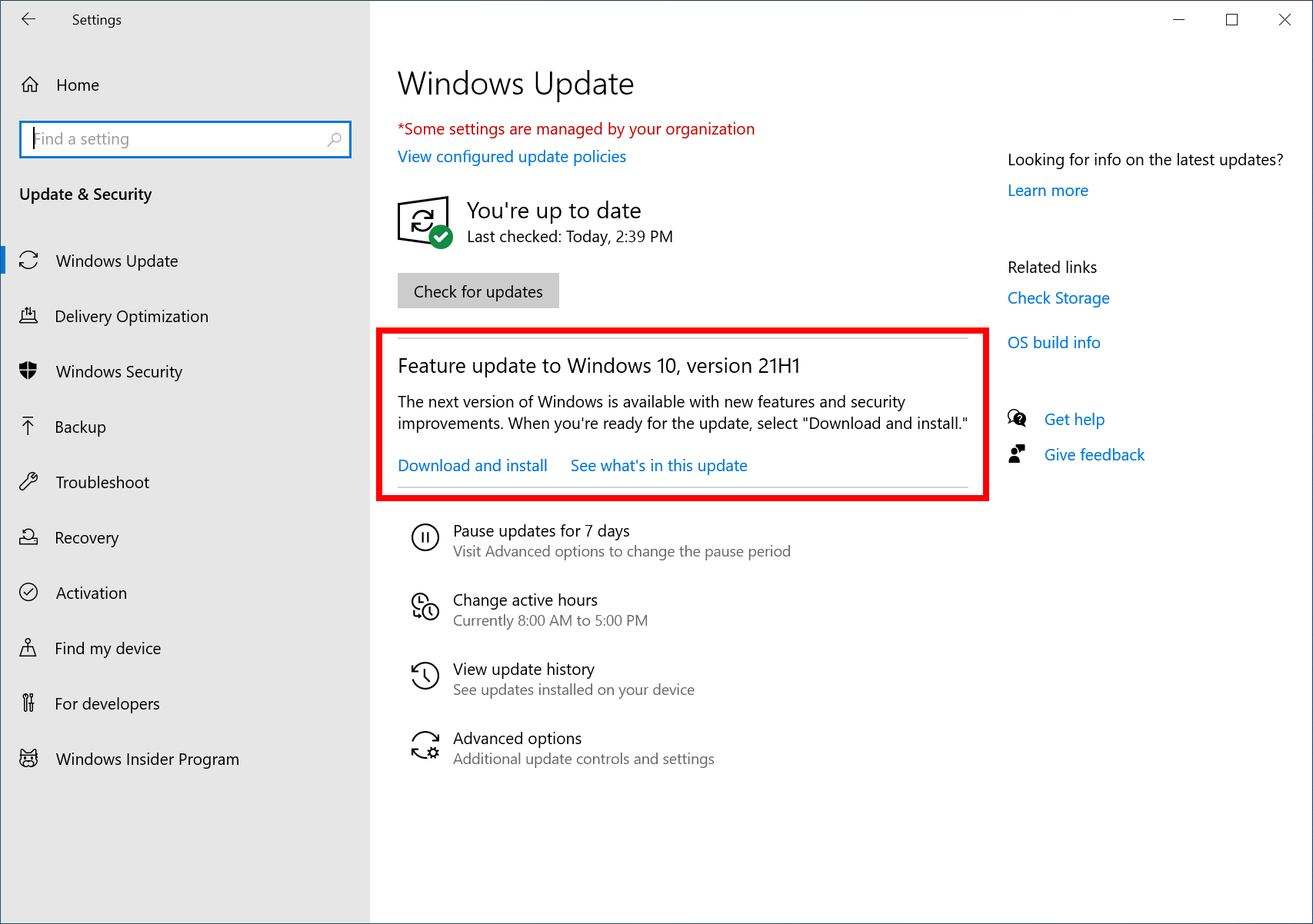 Download Windows 10 21H1 in Settings