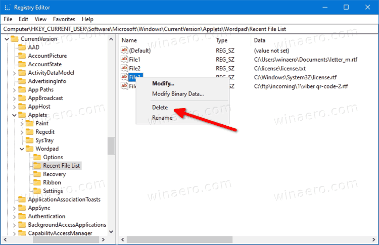 Clear Recent Documents In WordPad On Windows 10