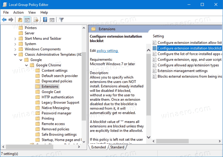 Configure Extension Installation Blocklist entry