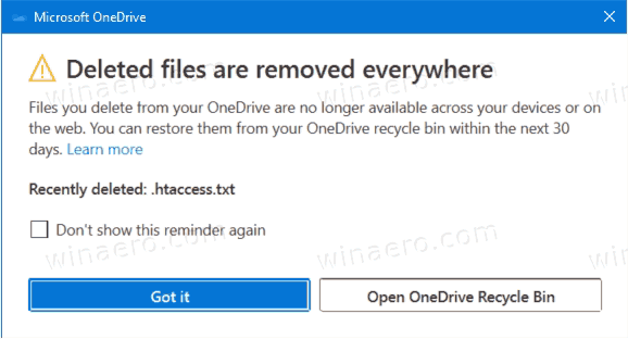 OneDrive Deleted files are removed everywhere dialog