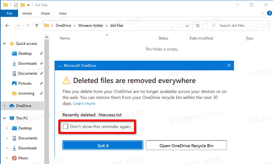 Disable OneDrive Deleted Files Are Removed Everywhere Dialog