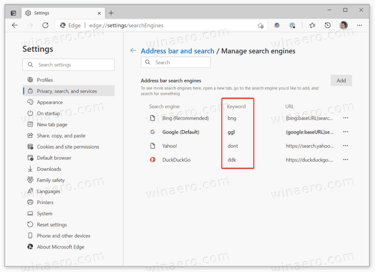 Keywords Assigned To Search Engines In Microsoft Edge