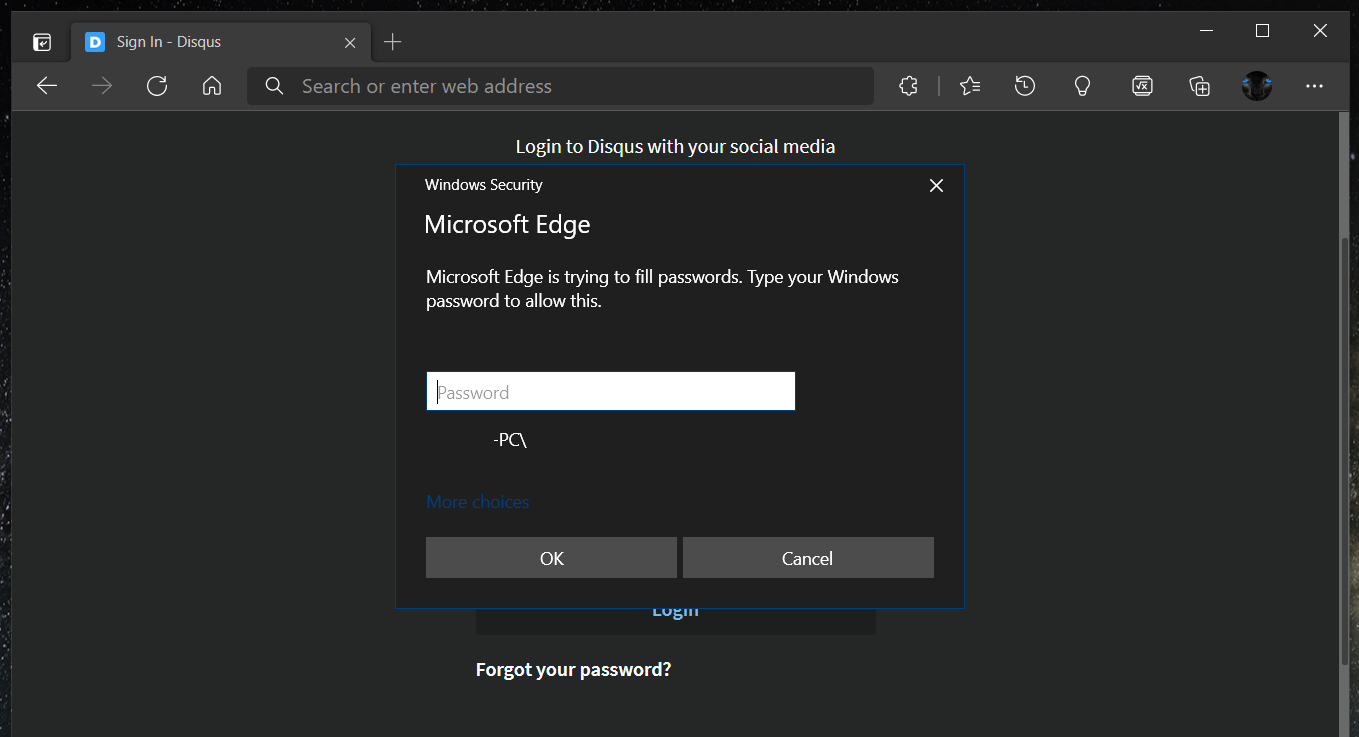 Microsoft Edge Autofill Password Confirmation
