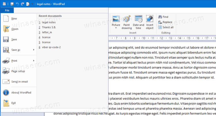 Recent Documents Files In WordPad On Windows 10