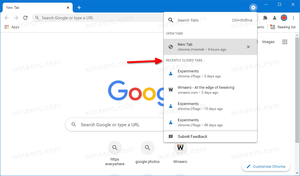 Tab Search in Google Chrome now includes Recently closed tabs