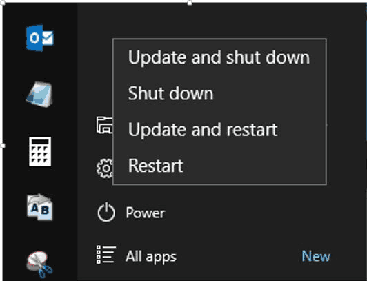 Update and shut down options in Windows 10