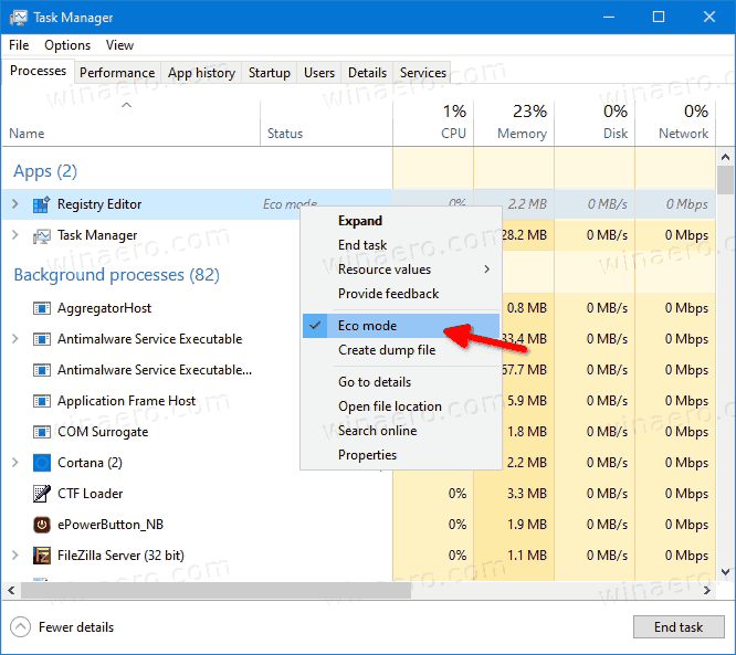 Windows 10 Отключение экономичного режима в диспетчере задач